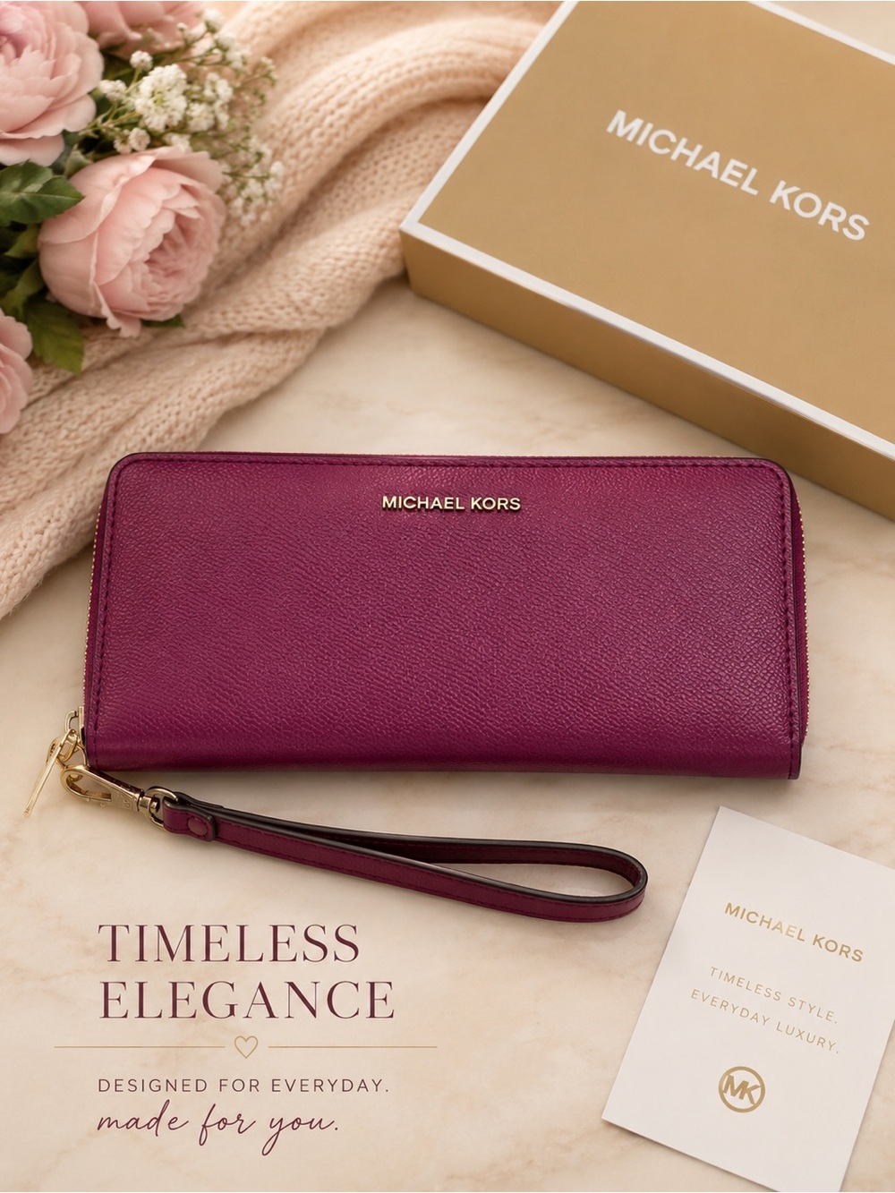 Michael Kors Raspberry Saffiano Wristlet Wallet with Gold Logo